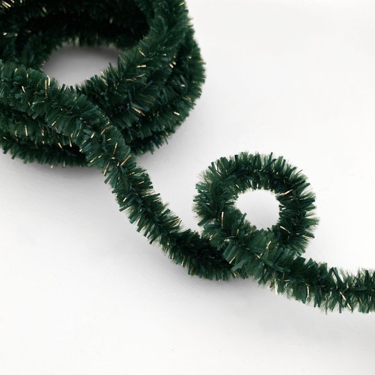 Chenille Bottlebrush Cording in Green + Gold Tinsel ~ 12mm Wired ~ 3 yds.